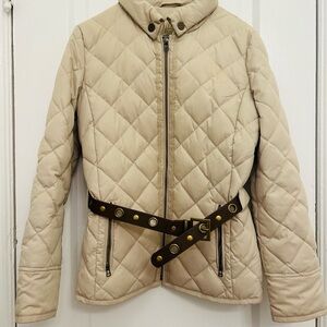 Diamond-Quilted Belted Puffer Jacket in Cream